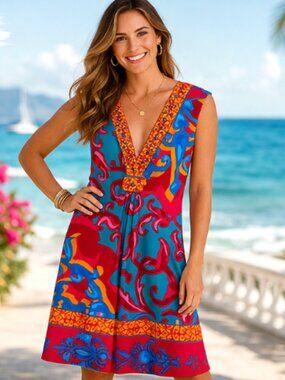 Hale Bob Vibrant Print Sleeveless Dress Sz S Pink Blue Boho Resort